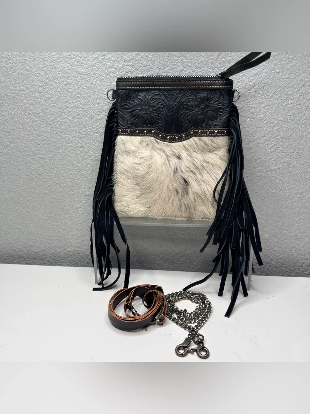 Montana West  Cowhide Crossbody Fringe Purse in Black Leather